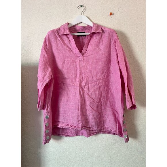 Tahari Womens Linen 3/4 Sleeve Top 2X Pink Collar V-Neck Lightweight Lagenlook - Picture 1 of 9